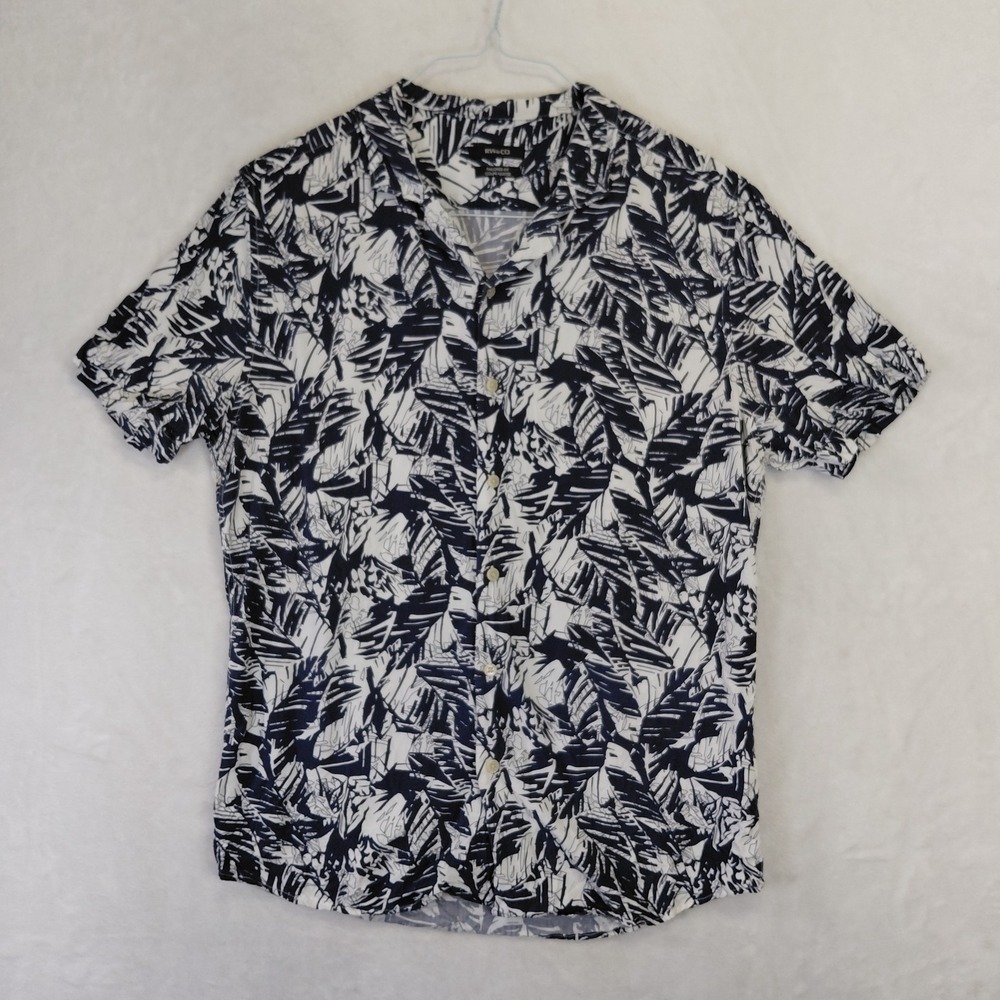 RW&CO Mens Tailored Fit Navy Blue White Abstract Palm Leaf Print Shirt Medium